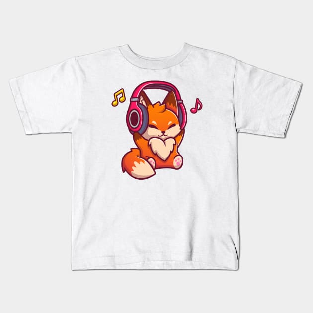 Cute Fox Listening Music With Headphone Kids T-Shirt by Catalyst Labs